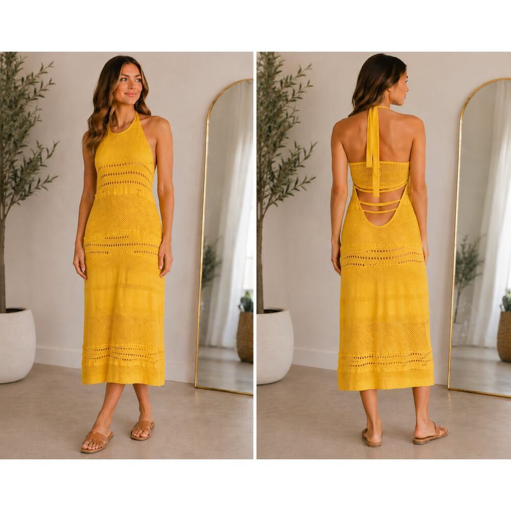 Esteban Cortazar Collective Yellow Crochet Knit Cover Up Dress Size Medium